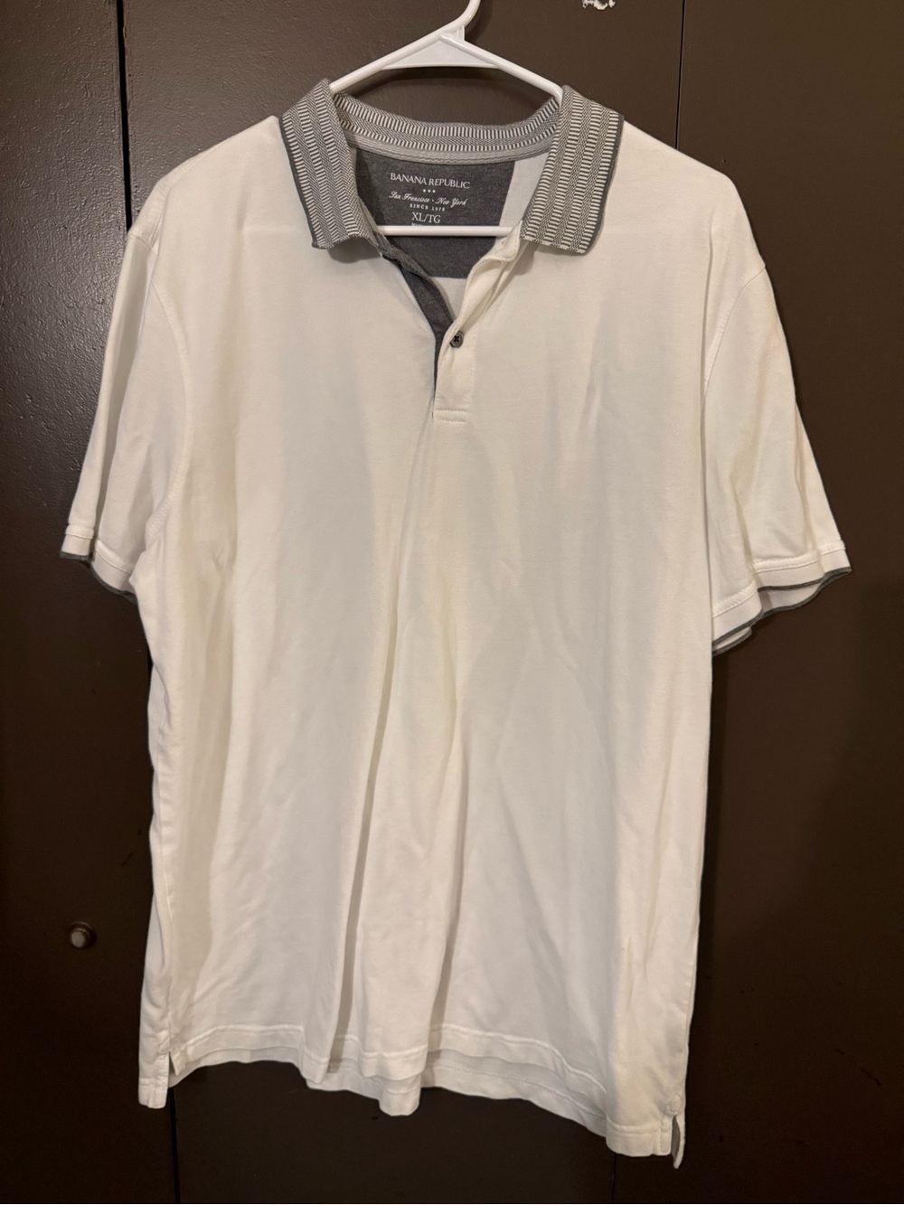 Banana Republic White Polo with Gray Striped Collar Trim